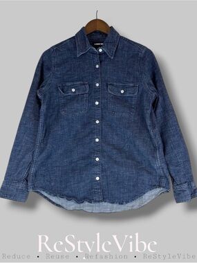 LANDS’ END Women’s Size S Shirt Top Blouse Dark Denim Button Down Jean Stretch